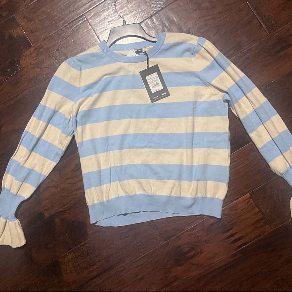 Who What Wear Blue and Cream Striped Sweater NEW
